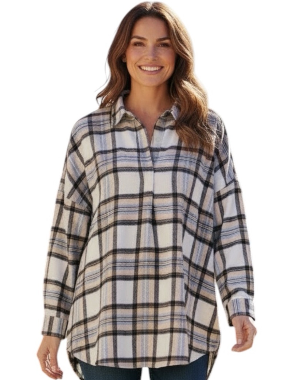 French Connection Oversized Plaid V-Neck Tunic Top Dropped Shoulders Size XL